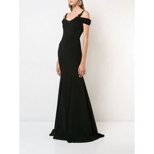 New! MARCHESA NOTTE Women's Beaded Neckline Cold-Shoulder Black Gown Dress 14